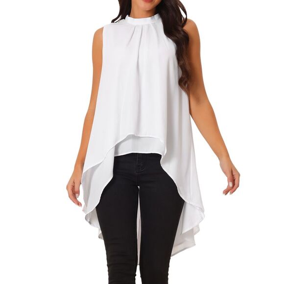 Casual Tie Back Asymmetrical Sleeveless Mock Neck Flowy Blouse Tops White - Picture 1 of 6